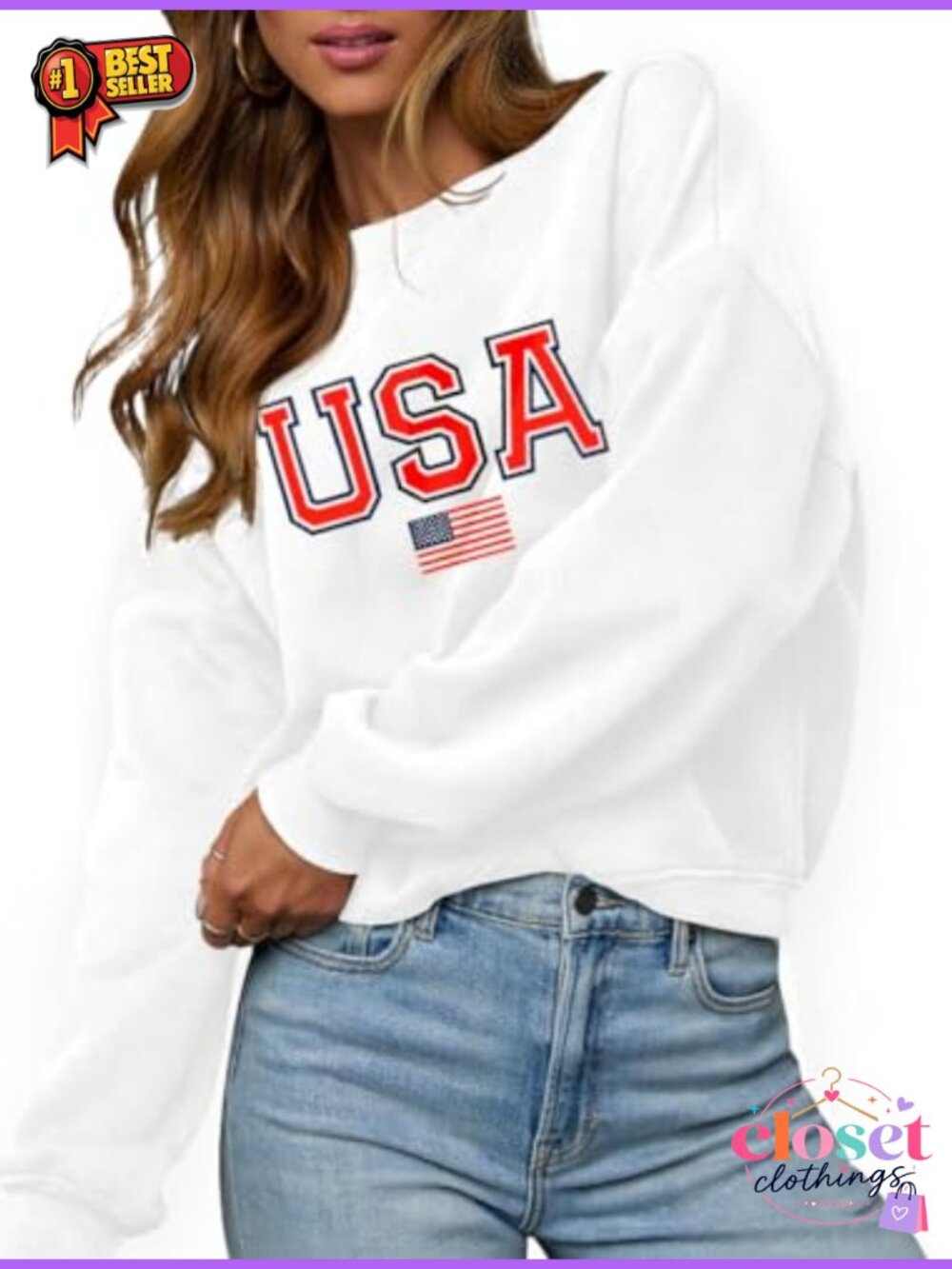 Oversized Crew Neck Sweatshirt Long Sleeve Pullover USA Flag